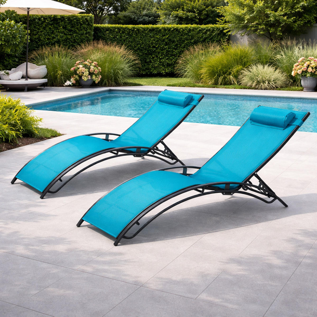 LIEGESTÜHLE Cali aus Stahl Grau 2er-Set + Tisch - Blau, Metall (81/59/157cm) - Concept Usine