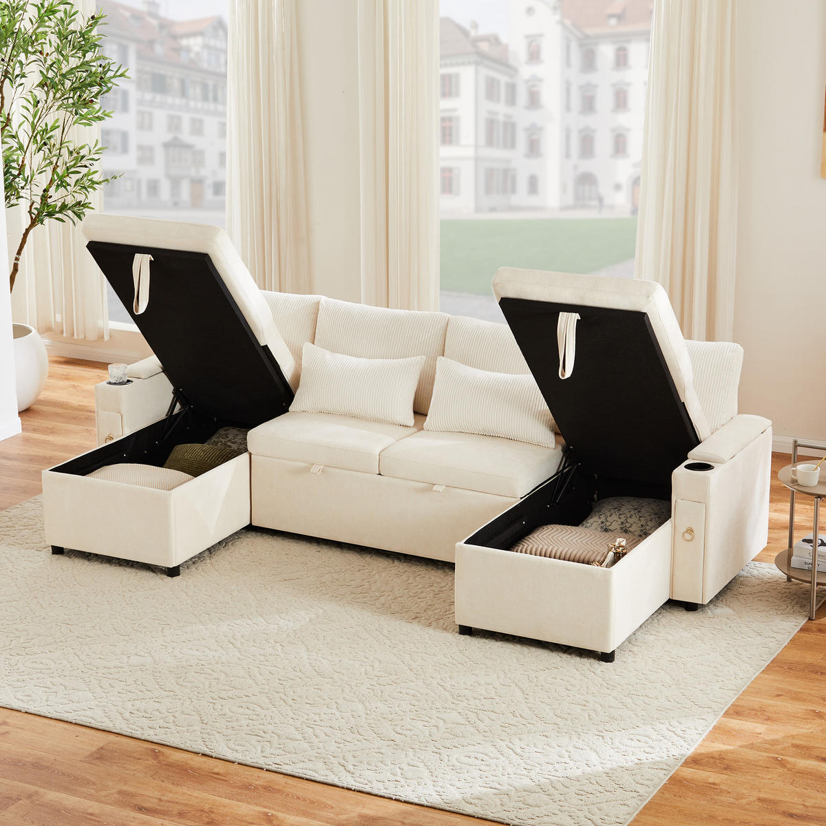 SCHLAFSOFA U-Form mit Getränkehalter und Stauraum, Beige - Beige, Textil (272/84/131cm)