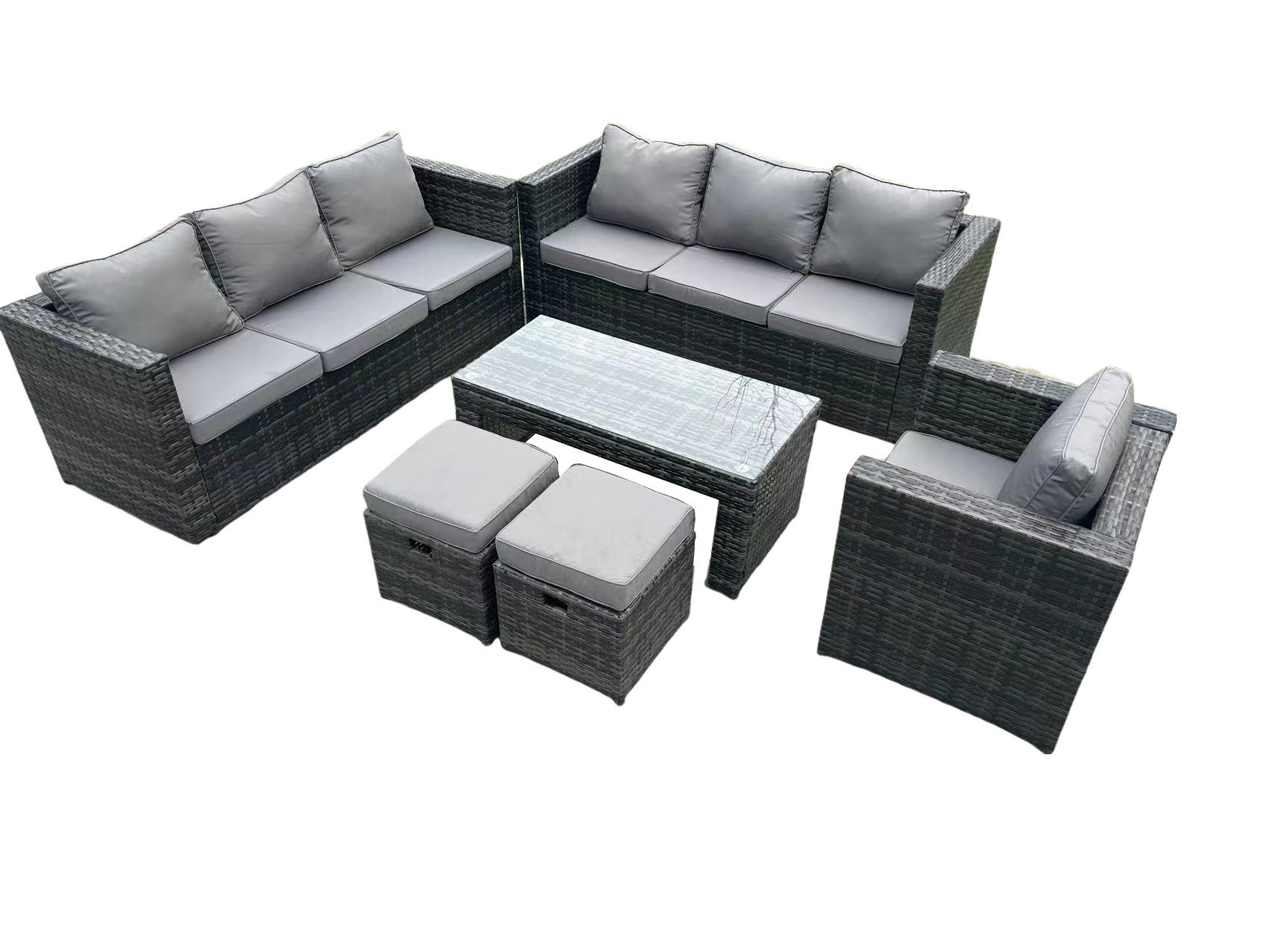 GARTENMÖBELSET mit Couchtisch Polyrattan 9-Sitzer - Dunkelgrau/Grau, Glas/Kunststoff - Fimous