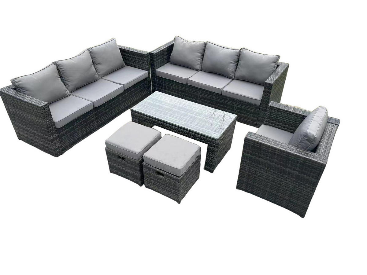 GARTENMÖBELSET mit Couchtisch Polyrattan 9-Sitzer - Dunkelgrau/Grau, Glas/Kunststoff - Fimous