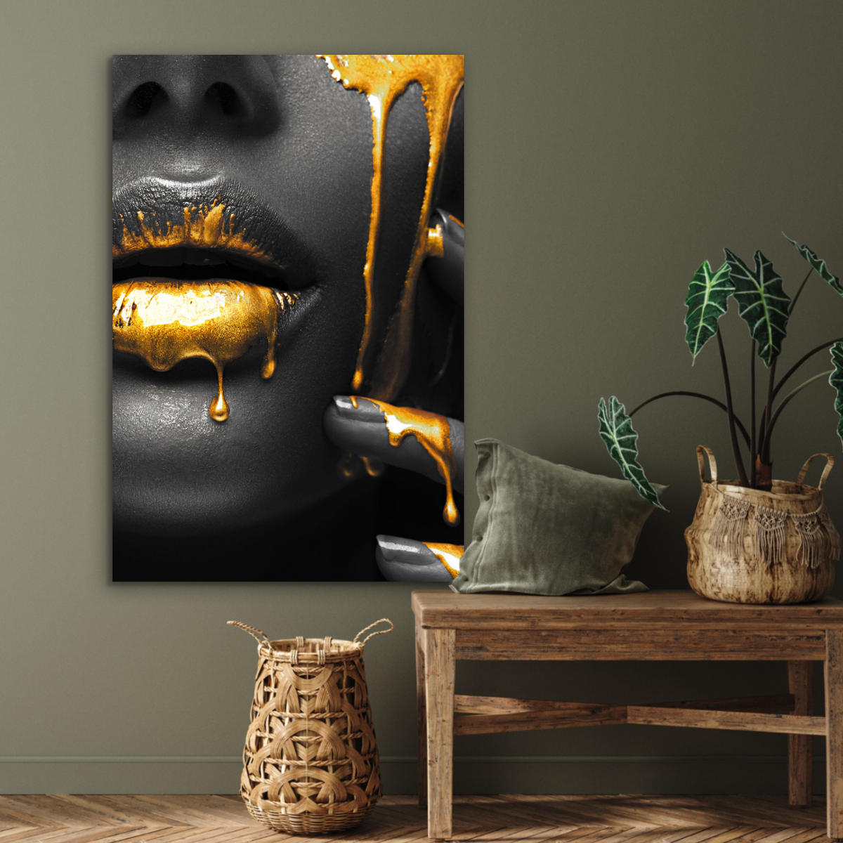 METALLBILD Frau - Schwarz - Gold - Gesicht - Lippen 60x90 cm - Goldfarben, Metall (60/90cm) - MuchoWow