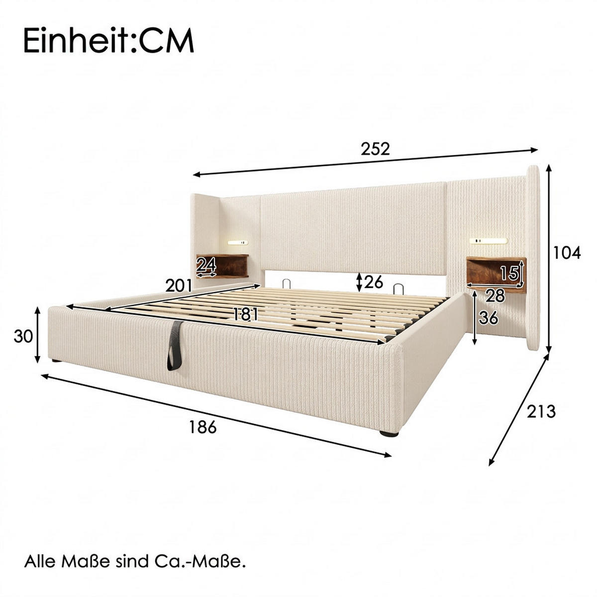POLSTERBETT 180/200 cm Beige mit Nachttisch, Leselampe und USB Type-C Ladefunktion, Ohne Matratze - Beige, Textil (180/200cm) - Oxeza