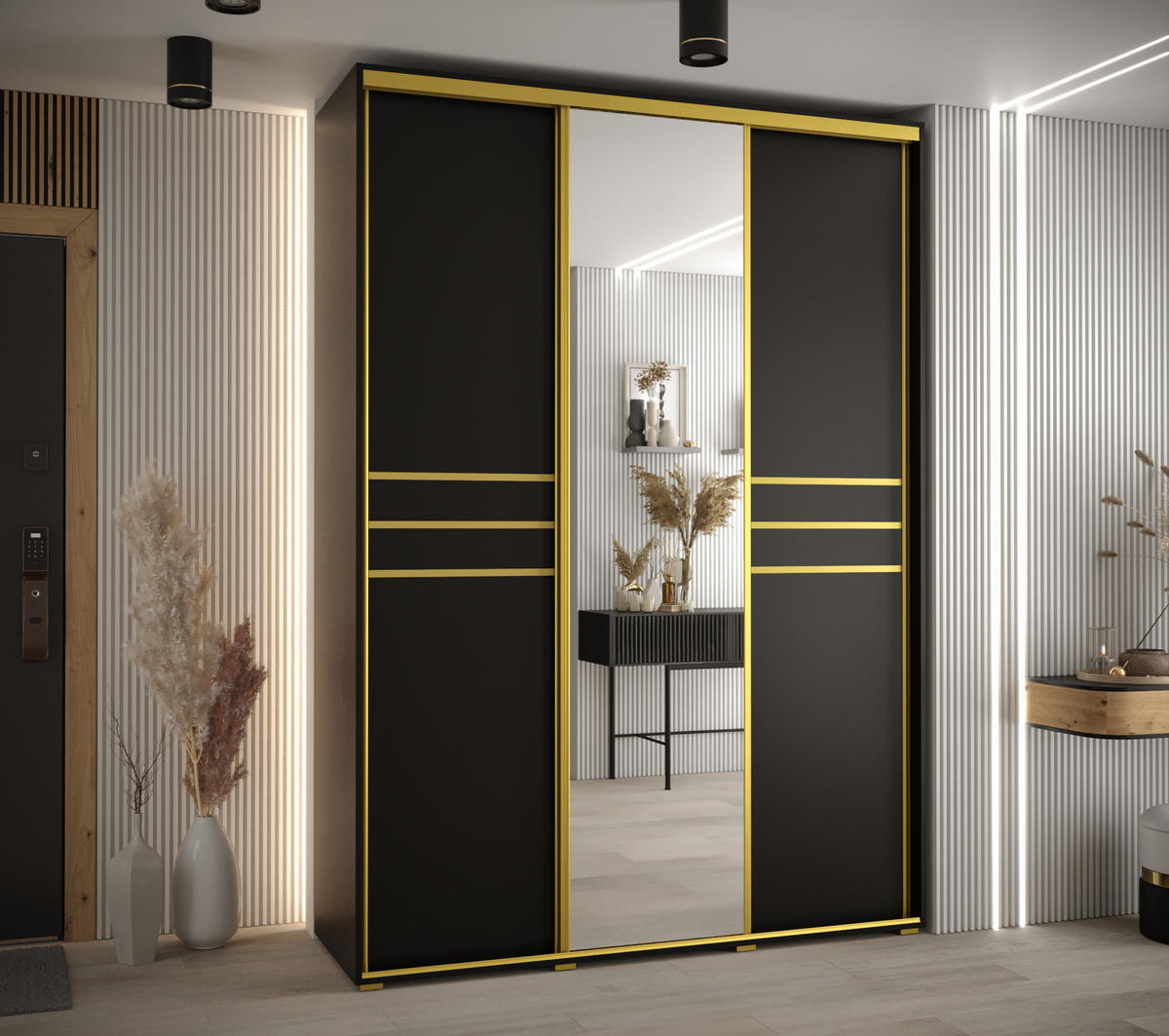 SCHWEBETÜRENSCHRANK 235,2/180/60 3-türig - Goldfarben/Schwarz, Holz/Metall (180/235/60cm) - Abiks Möbel