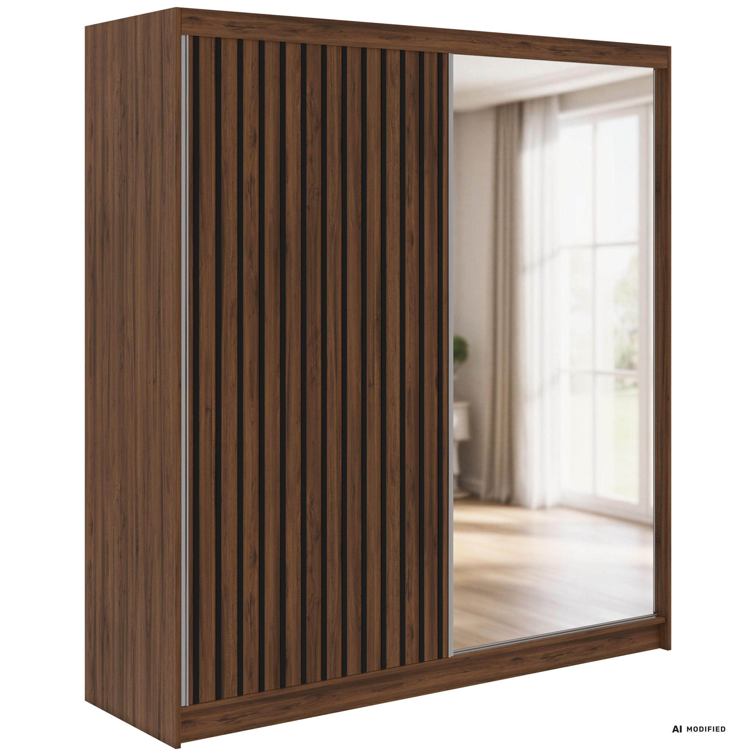SCHWEBETÜRENSCHRANK mit Spiegel und Schubladen LAOS - 200 - Warmia Walnuss - Schwarz Lamellen - Walnussfarben/Schwarz, Holzwerkstoff/Metall (200/216/61cm) - MKS