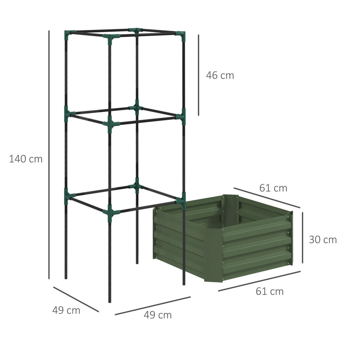 TRUHLÍK na kvety z ocele, 61/61/140 cm zelený, s oporou na paradajky - zelená, kov (61/140/61cm) - BEAOK