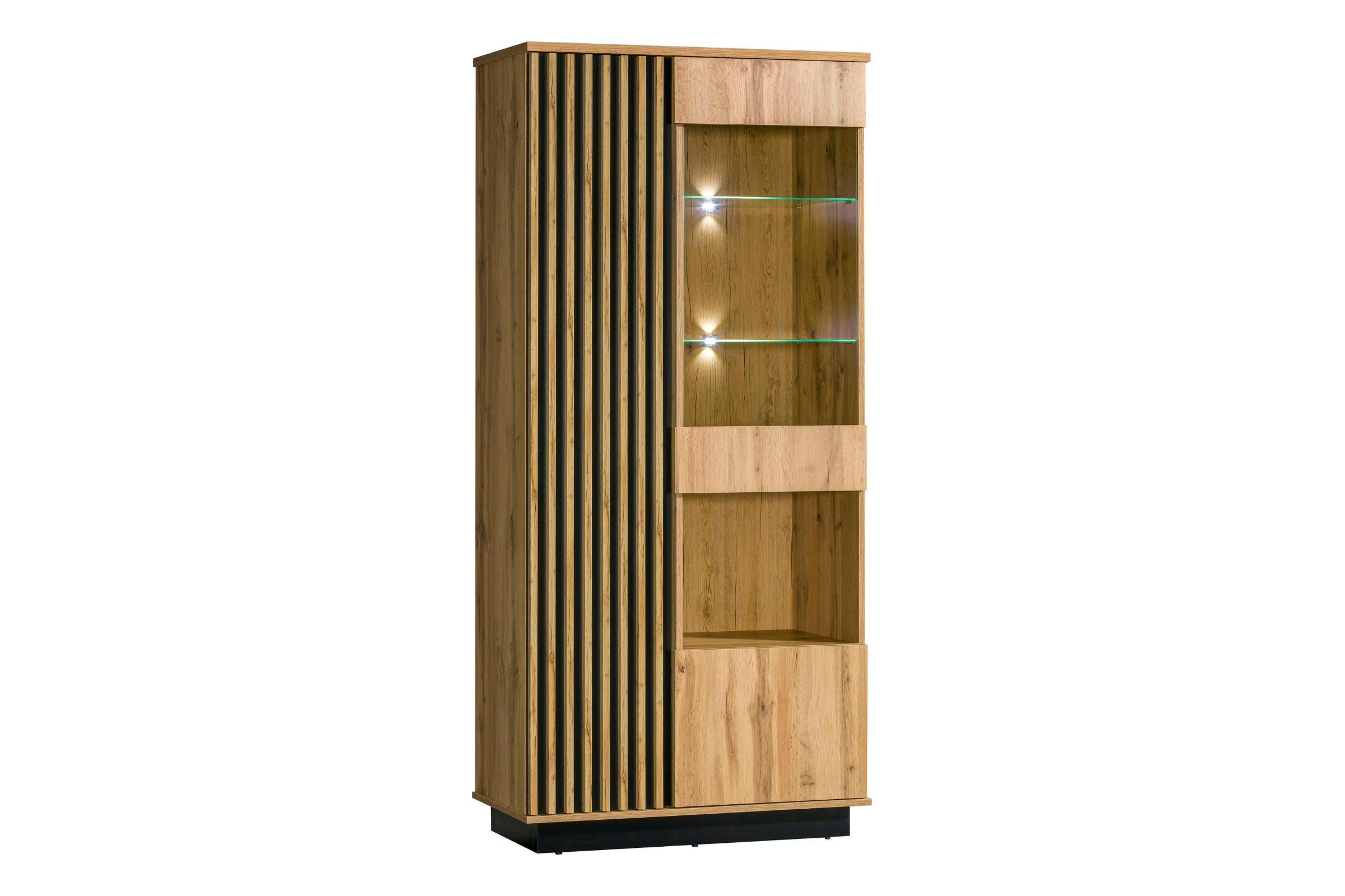 VITRINE LAMI 3 90/194/40 cm in Wotan Eiche / Schwarz Matt mit Lamellen und LED - Eiche Wotan/Schwarz, Holzwerkstoff (90/194/40cm) - Deine Möbel 24