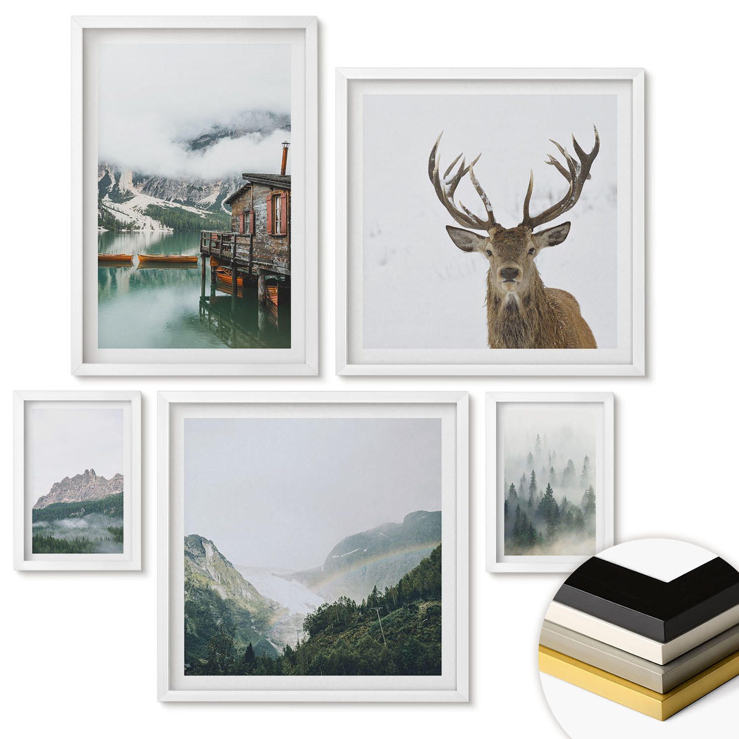 WANDBILDER 5er-Set - 50x50 cm & 20x30 cm & 40x60 cm Weißer Rahmen - Berge, See, Hirsche, Hütte, Nebel - Weiß, Kunststoff (40/60cm) - ArtPrintCave