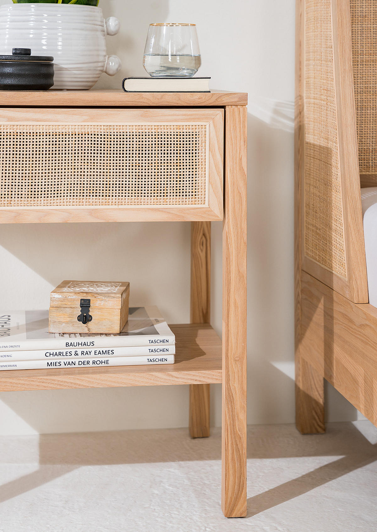NACHTTISCH - Rattan / Eiche teilmassiv - Beige, Naturmaterialien (45/60/35cm) - home24