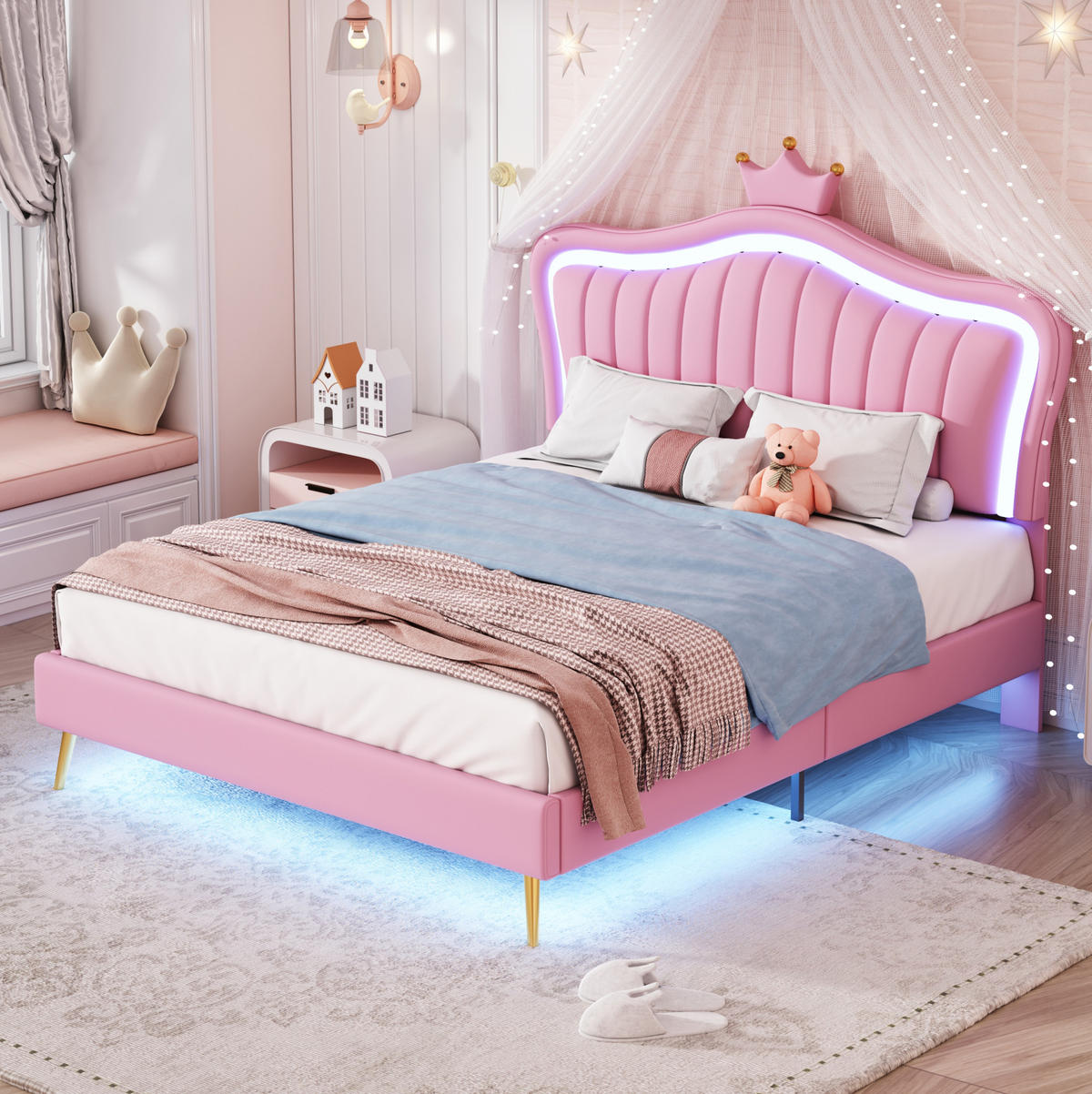 KINDERBETT 140/200 cm mit LED-Beleuchtung, verstellbarem Kopfteil und Lattenrost in Muschelform, Rosa/Weiß - Pink, Textil (140/200cm) - Redom