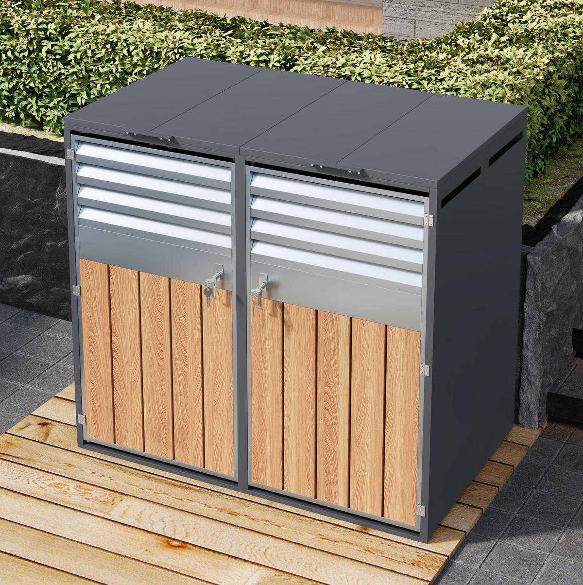 MÜLLTONNENBOX aus Stahl in Grau Holzoptik mit Klappdeckel & Schloss 132x80x118,5 cm - Grau, Metall (132/118.5/80cm) - Modfu