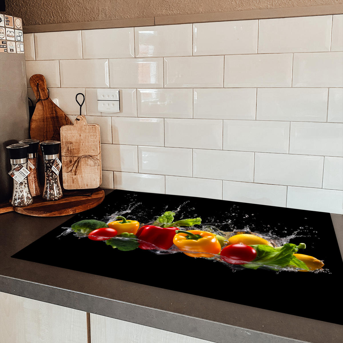 HERDABDECKPLATTE Paprika - Wasser - Gemüse - Schwarz Abdeckung Ceranfeld 81.2x52 cm - Multicolor, Kunststoff (81.2/52/0.2cm) - MuchoWow