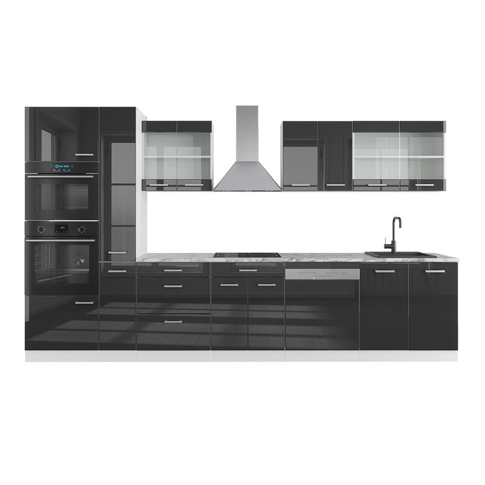 Vicco KUCHYŇSKÝ KOUT R-Line Antracitový vysoký lesk/bílá 350 cm s vysokou skříní, bez pracovní desky