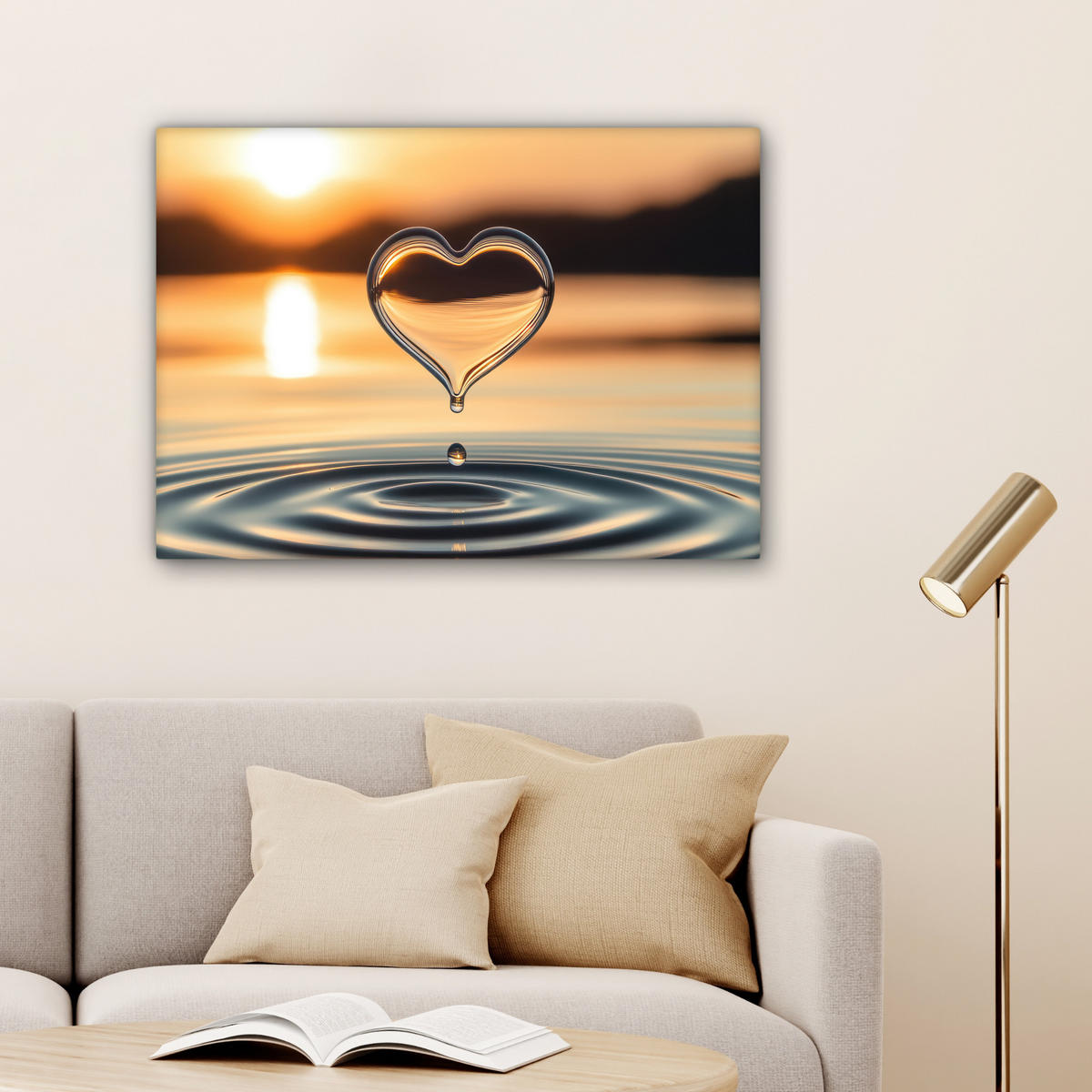 LEINWANDBILD - Herz - Wasser - Sonnenuntergang - Natur - Zen - 80x60 - Malerei - Bernsteinfarben, Textil (80/60cm) - MuchoWow