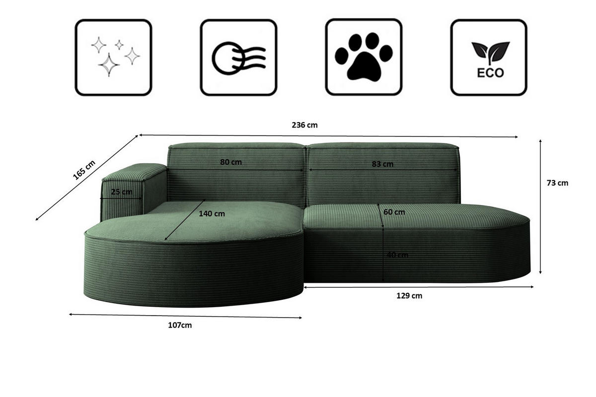 ECKSOFA Modena Studio, Cord Stoff Dunkelgrün Links - Dunkelgrün, Holzwerkstoff/Textil (165/236cm) - Kaiser Möbel