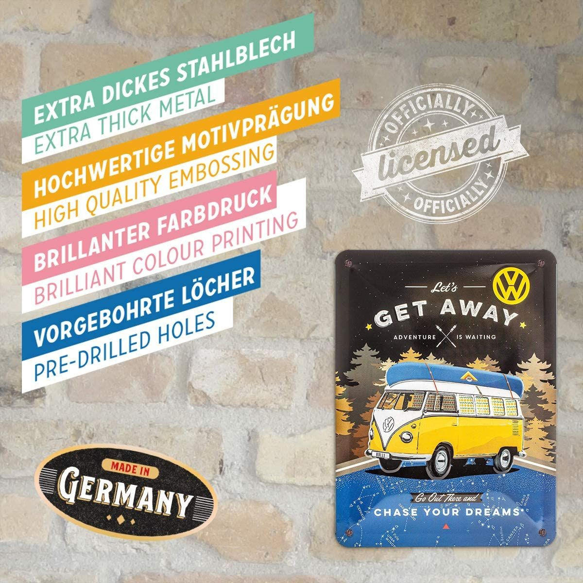 BLECHSCHILD 15/20 cm Volkswagen VW Bulli Let's Get Away Night - Multicolor, Metall (15/20/0.5cm) - Nostalgic-Art