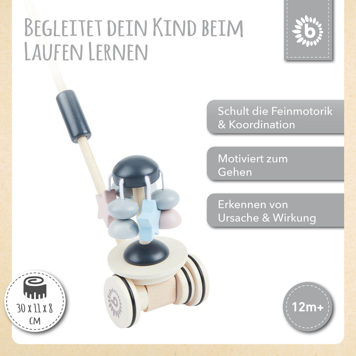 SCHIEBESPIELZEUG Holz mit Stern-Karussel - Blau, Holz (11/30cm) - Bieco Spielwaren