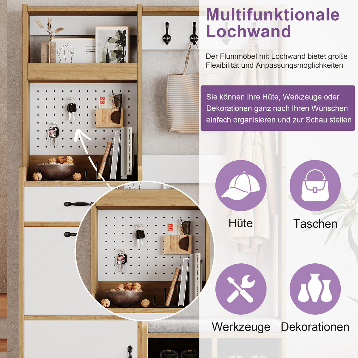 GARDEROBE Schuhschrank Sitzbank Haken Eiche Weiß Modern - Multicolor, Holzwerkstoff (108.5/180/35cm) - FLIEKS