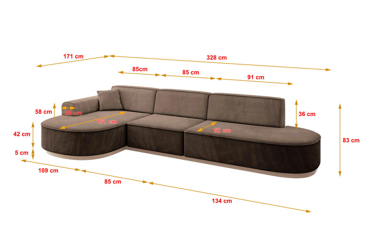 ECKSOFA Ottomane Links MARI-L2-v1 - 328x171x83 cm Braun Velours - Braun, Holzwerkstoff/Textil (328/171cm) - ALTDECOR