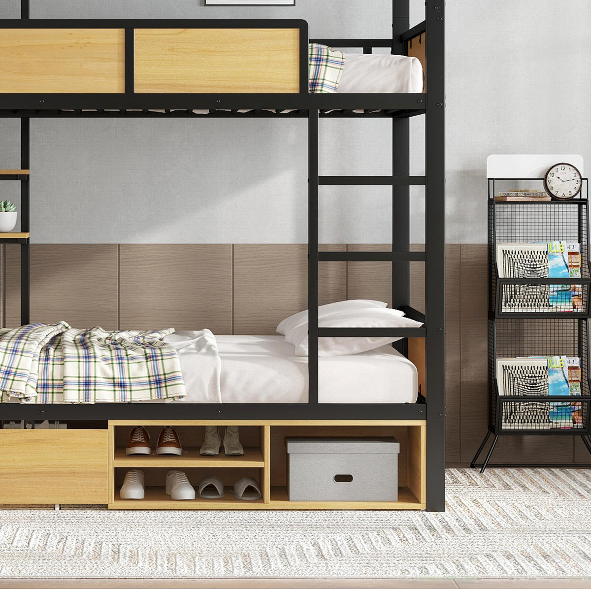 ETAGENBETT 90/200 cm Schwarz/Natur mit Stauraum und Ablageboard - Schwarz, Holzwerkstoff (90/200cm) - OKMYHOME
