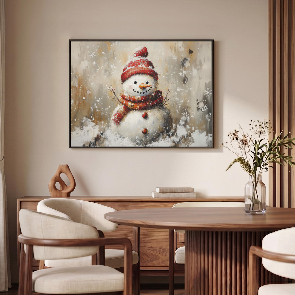 LEINWAND Bilder mit Rahmen - Schneemann - Winter - Schnee - Beige - 100x70 - Weiß, Textil (100/70cm) - MuchoWow