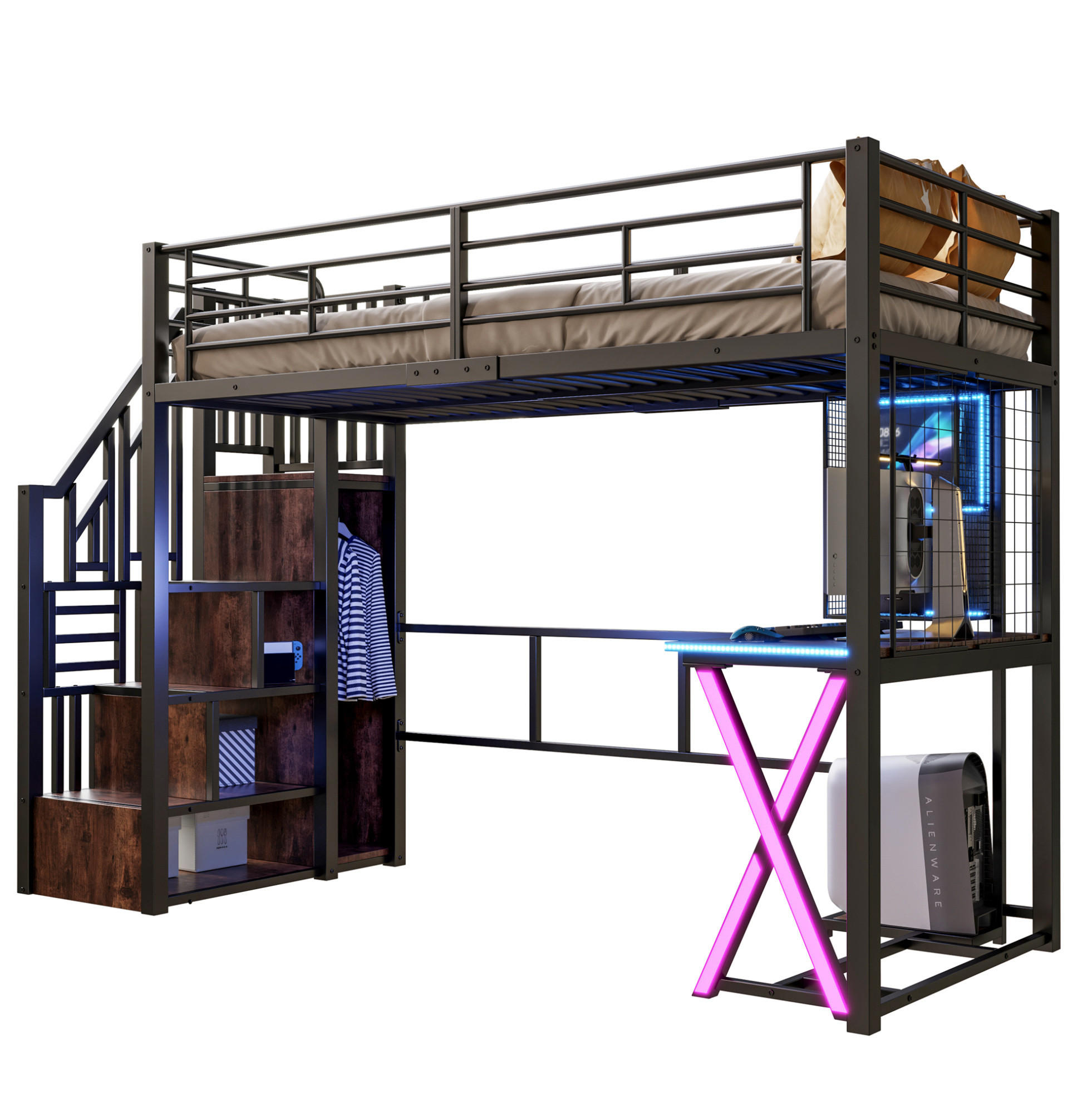 HOCHBETT 90/200 cm mit Schreibtisch, Ablageleiter, Kleiderschrank ohne Matratze - Schwarz, Metall (90/200cm) - MIVRAY