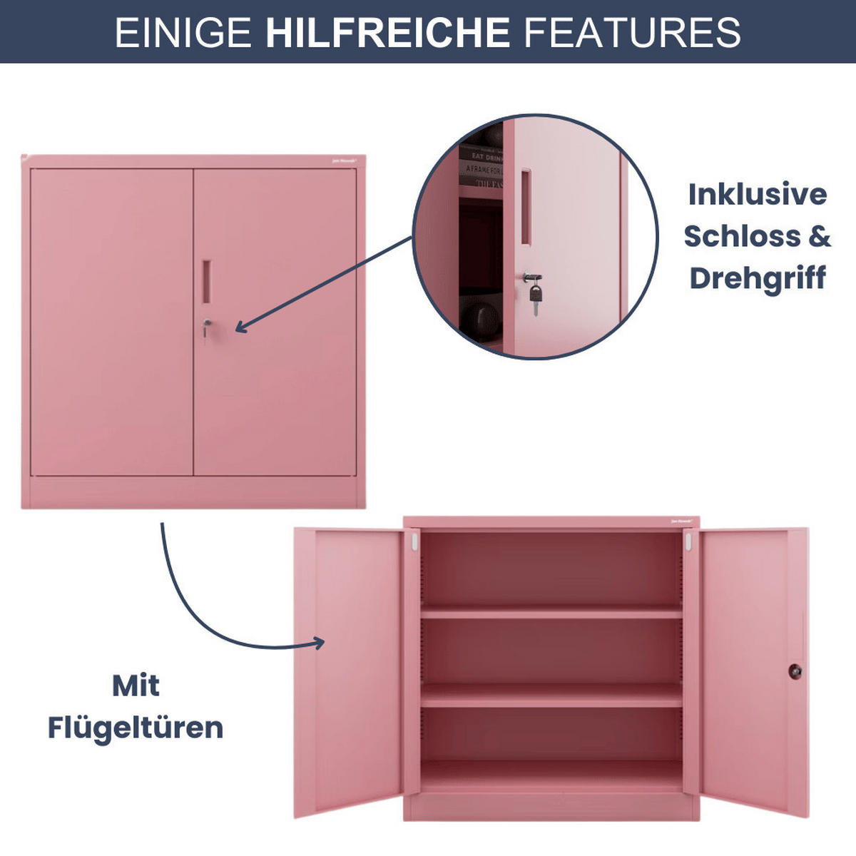 AKTENSCHRANK abschließbar KADO mit Flügeltüren 93x90x40cm Rosa - Rosa, Metall (90/93/40cm) - DELUKE