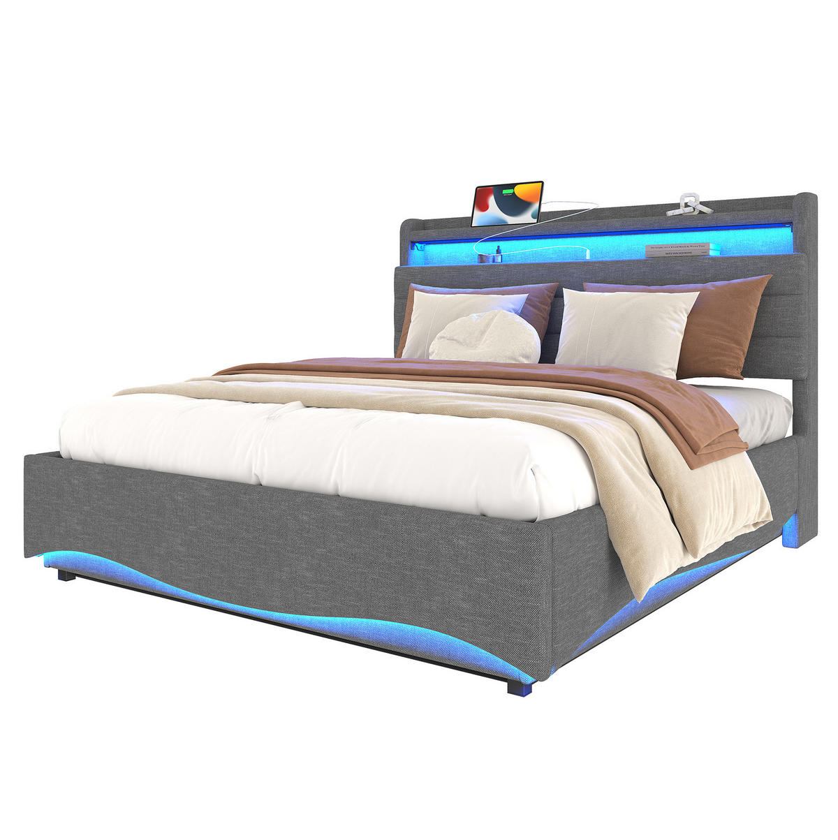 POLSTERBETT 140/200 cm in Beige mit Stauraum, LED-Beleuchtung und USB-Anschlüssen - Beige, Textil (140/200cm) - Flora Grace
