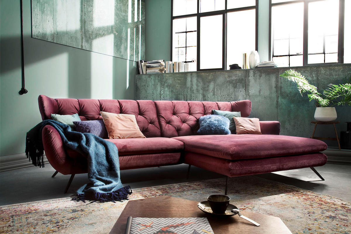 ECKSOFA CHARME Pink Velvet - Pink/Schwarz, Textil (300/175cm) - KAWOLA