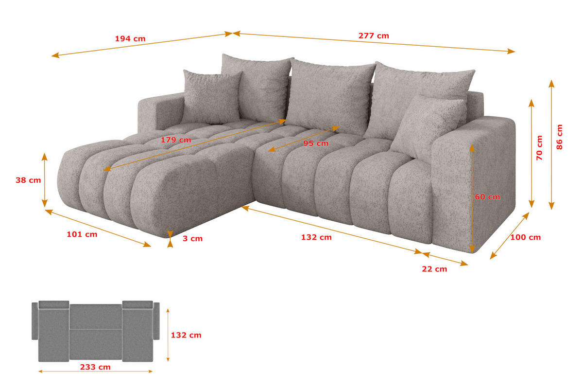 ROHOVÁ SEDAČKA s funkcí spaní, otoman vlevo MILA-L-v1 277x195x86 světle šedá velur - černá/světle šedá, kompozitní dřevo/textil (277/194cm) - ALTDECOR