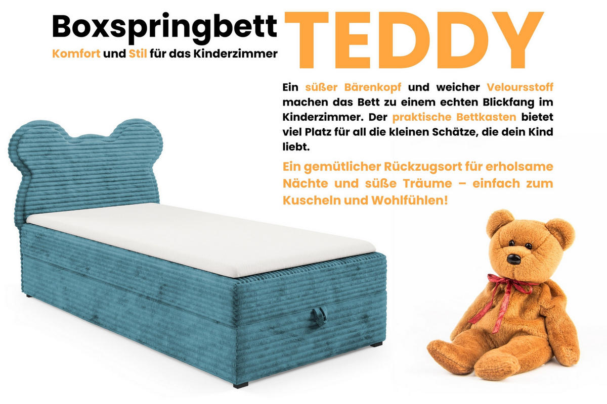 BOXBETT TEDDY 100/200 Cord-Samt Blau H3 - Blau, Holz/Holzwerkstoff (100/200cm) - Deine Möbel 24