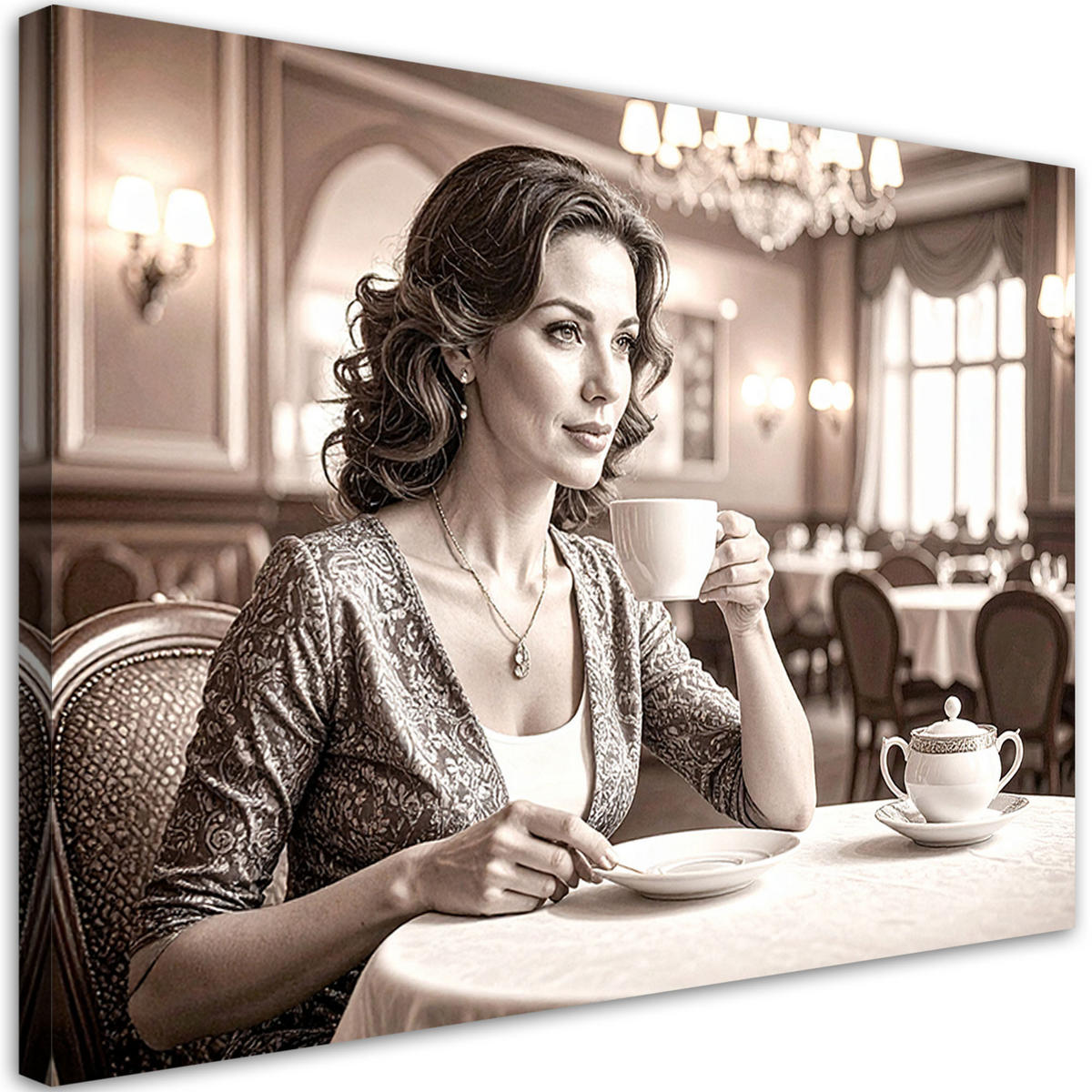 LEINWANDBILD Frau Restaurant Kaffeetasse 120x80cm - Beige, Textil (120/80cm) - Feeby