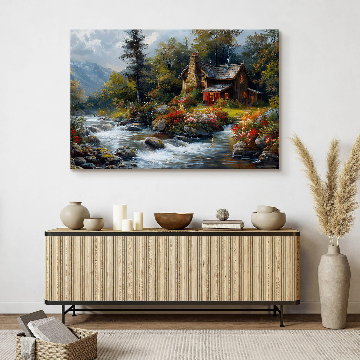 LEINWANDBILD Berghütte Pflanzen Natur Landschaft 90cm x 60cm - Blau/Beige, Textil (90/60cm) - Muralo