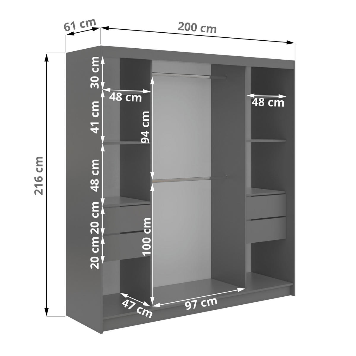 SCHWEBETÜRENSCHRANK mit Schubladen 200 - DUBROWNIK - Grau mit Spiegel - Alufarben/Grau, Holzwerkstoff/Metall (200/216/61cm) - MKS