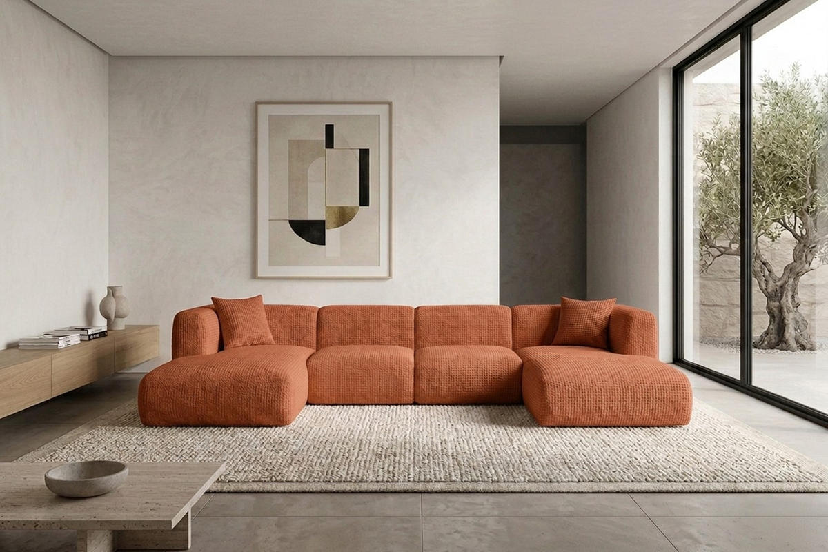 ECKSOFA U-Form, Chenille-Stoff Cremona, Kupfer, GRETA - Kupferfarben, Holz (408/70/179cm) - Kaiser Möbel