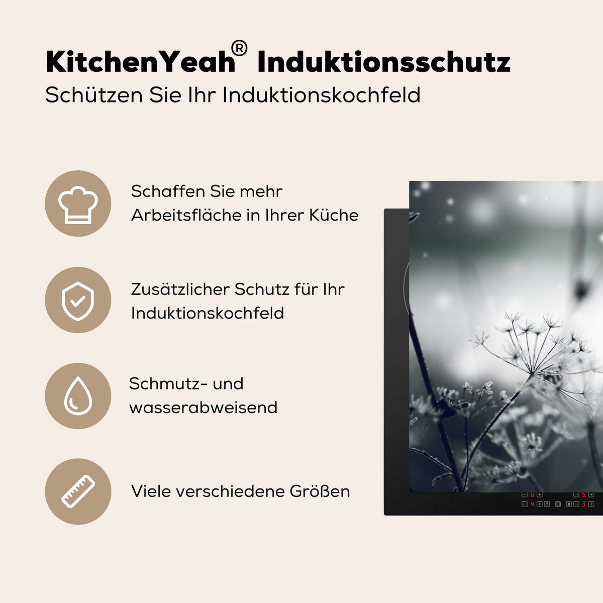 HERDABDECKPLATTE Blumen - Winter - Schnee - Natur Ceranfeldabdeckung 76x51.5 cm - Grau, Kunststoff (76/51.5/0.2cm) - MuchoWow