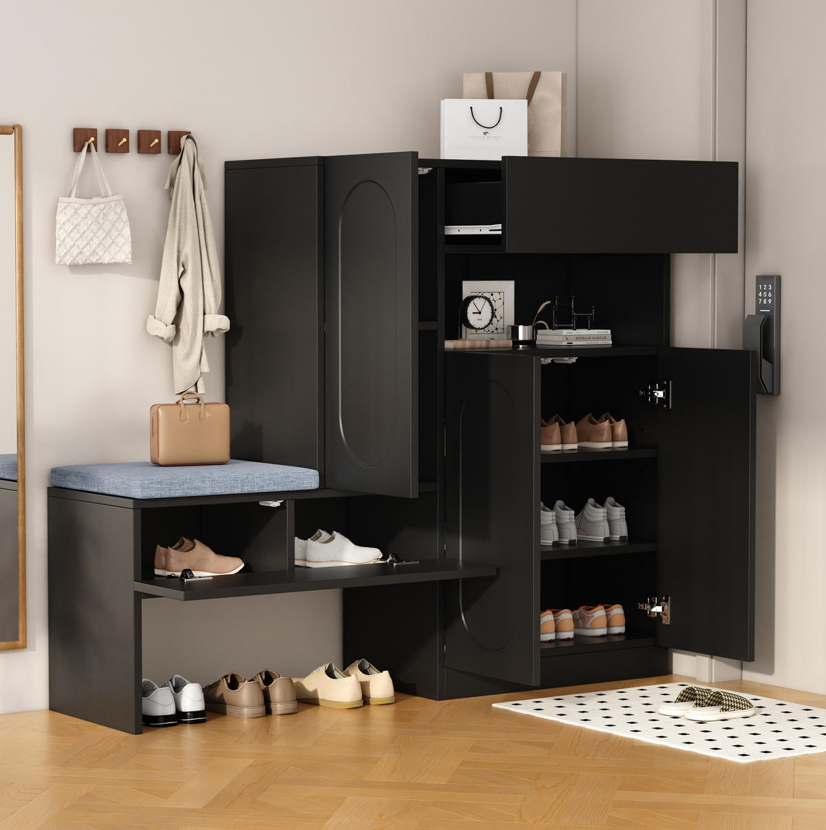 SCHUHSCHRANK aus Spanplatte 130x35x110cm in Schwarz mit Sitzbank - Schwarz, Holzwerkstoff (130/110/35cm) - Modfu