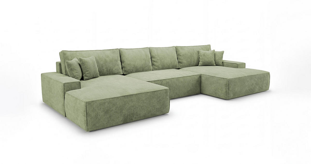 WOHNLANDSCHAFT VERONA U-Form hellgrün Cord Poso 47 - Schlaffunktion, Bettkasten - Hellgrün, Textil (385/86/185cm) - Cornero