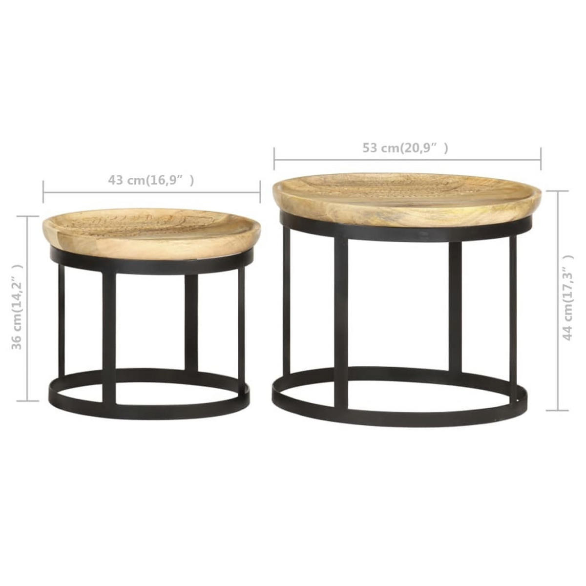 RUNDE Beistelltische 2er set Mango Massivholz Und Stahl - Schwarz/Braun, Holz/Metall (53/53/44cm) - vidaXL