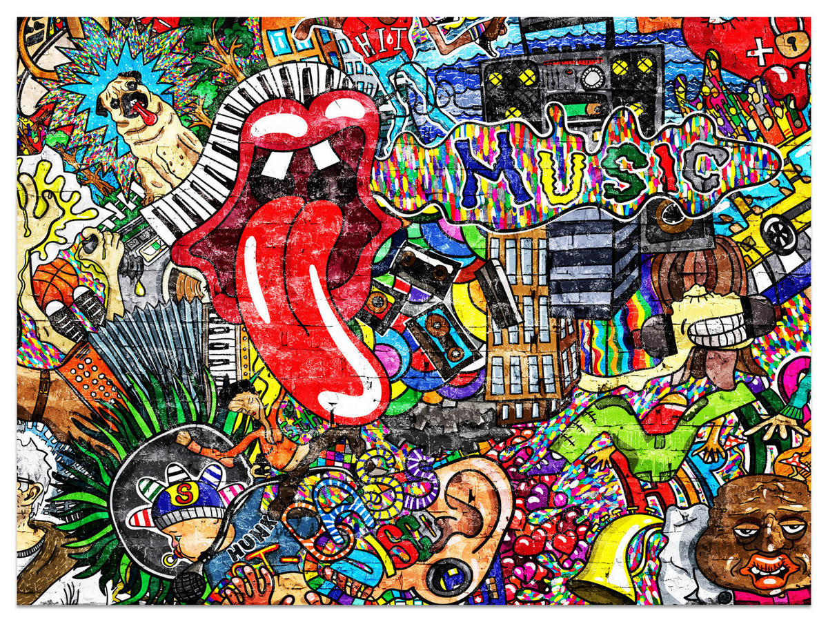 FOTOTAPETE für Jugendzimmer GRAFFITI Musik Abstrakt Farben 250x175 - Blau/Gelb, Papier (250/175cm) - Muralo