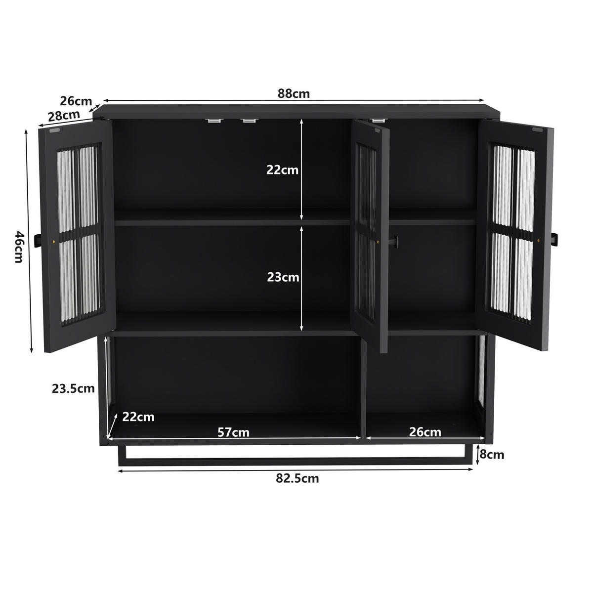 KÜCHENOBERSCHRANK 88/26/82,5 cm mit 3 Türen, offenen Fächern, verstellbaren Einlegeböden und Handtuchhalter, Schwarz - Schwarz, Holzwerkstoff (88/82.5/26cm) - Redom