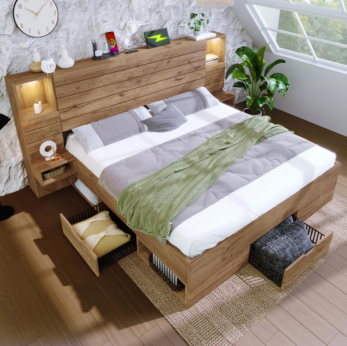 POSTEL 160/200 cm s LED osvětlením, USB a Type-C porty, osvětlenou nikou a závěsnými nočními stolky, Dubová - barva dubu, kompozitní dřevo (160/200cm) - Redom