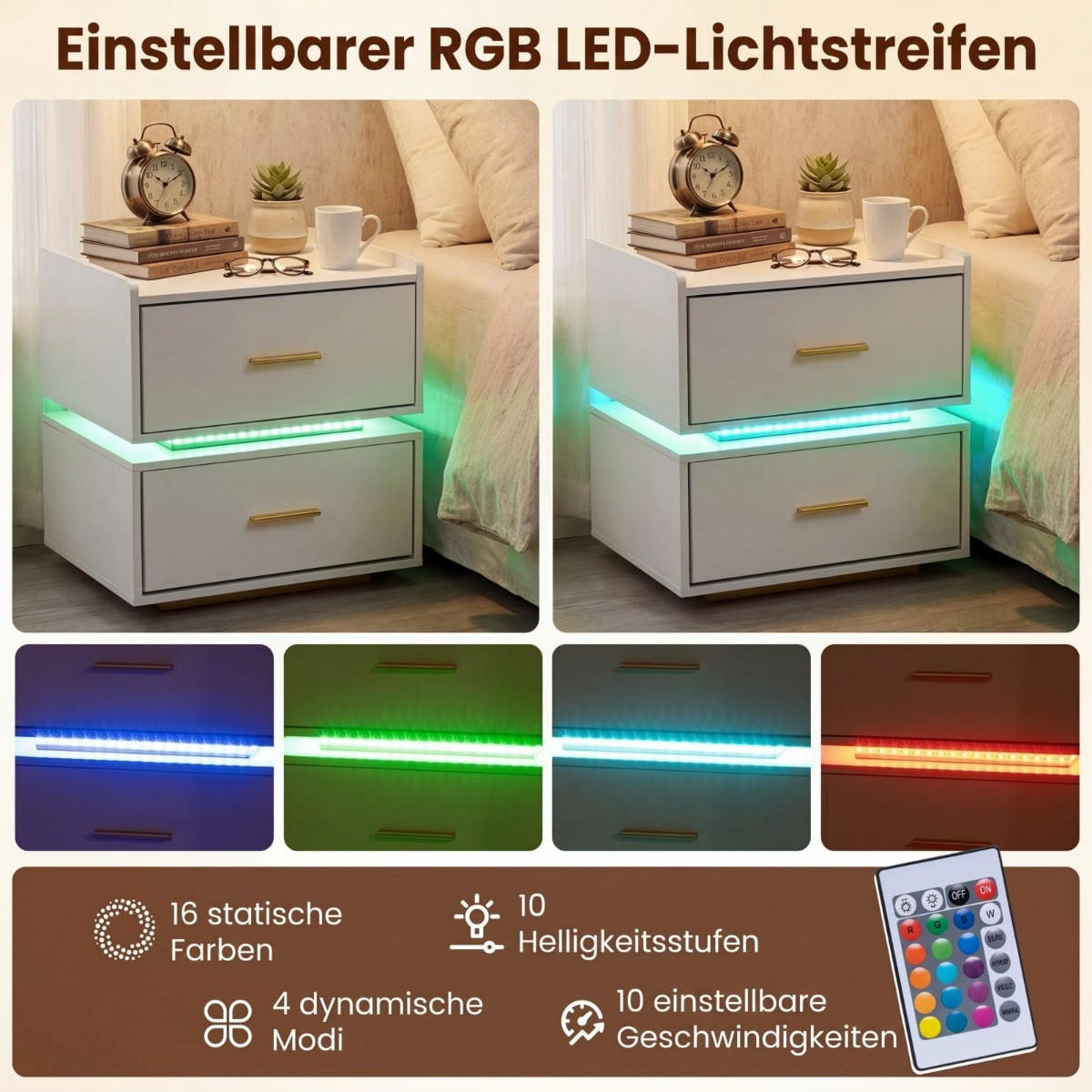 NACHTTISCH mit LED-Ladestation, 2 Schubladen, halb-schwebendes Design, Metallfuß, Schwarz/Weiß - Multicolor/Schwarz, Holzwerkstoff/Metall (45/48/40cm) - DESIGN IN