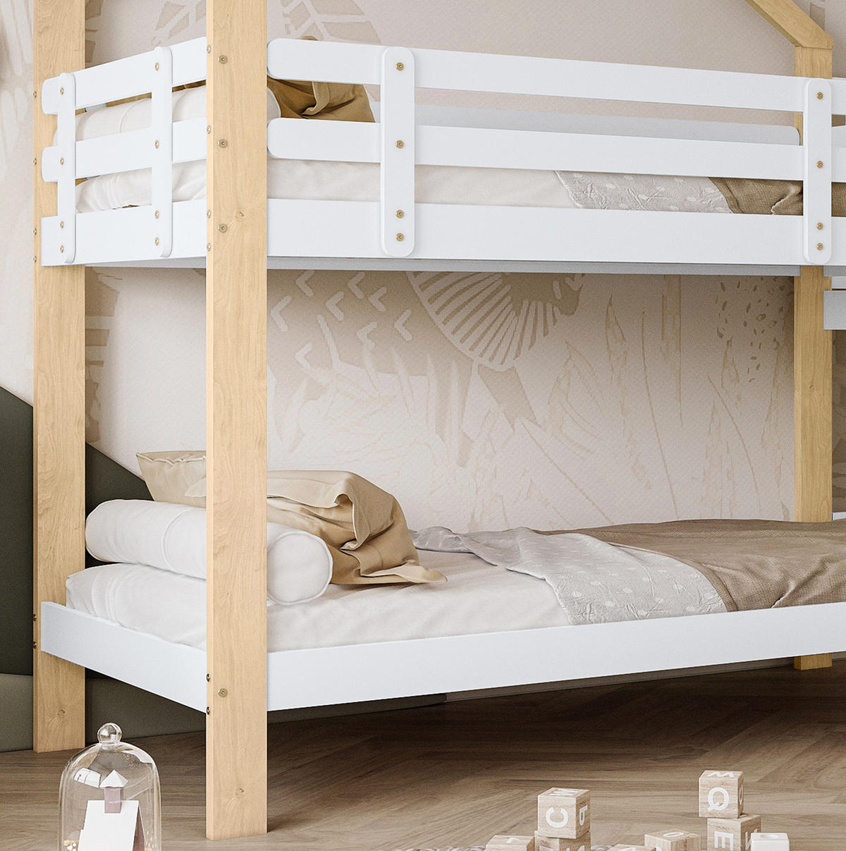 ETAGENBETT 90/200 cm mit Rutsche, Hausdach, Absturzsicherung und 3-stufiger Leiter aus Massivholz und MDF, Weiß/Natur - Weiß, Holzwerkstoff (90/200cm) - Redom