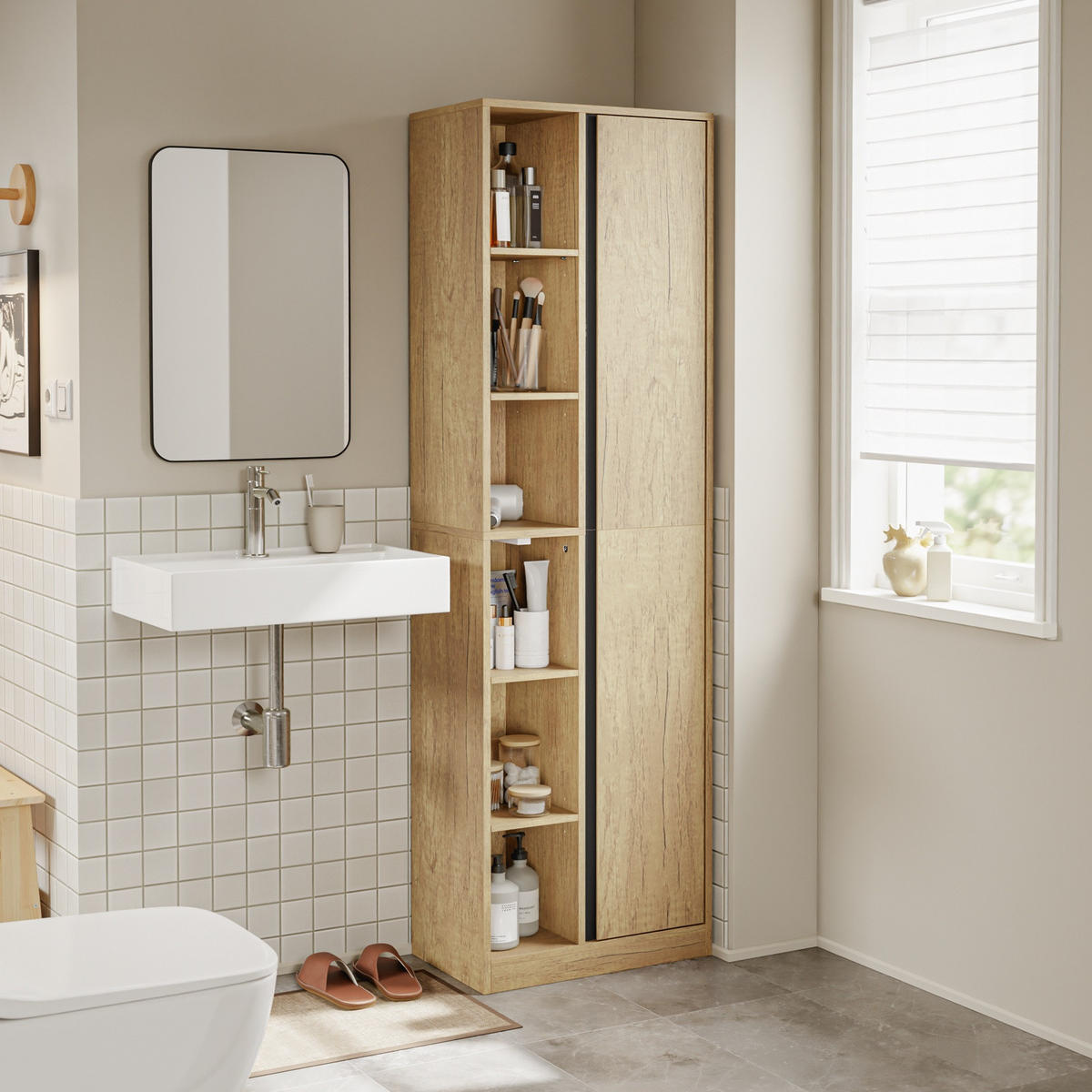 HOCHSCHRANK Badezimmerschrank mit Tür und offenen Regalfächern BZR237-E-N - Hellbraun/Eichefarben, Holzwerkstoff (30/180/50cm) - SoBuy