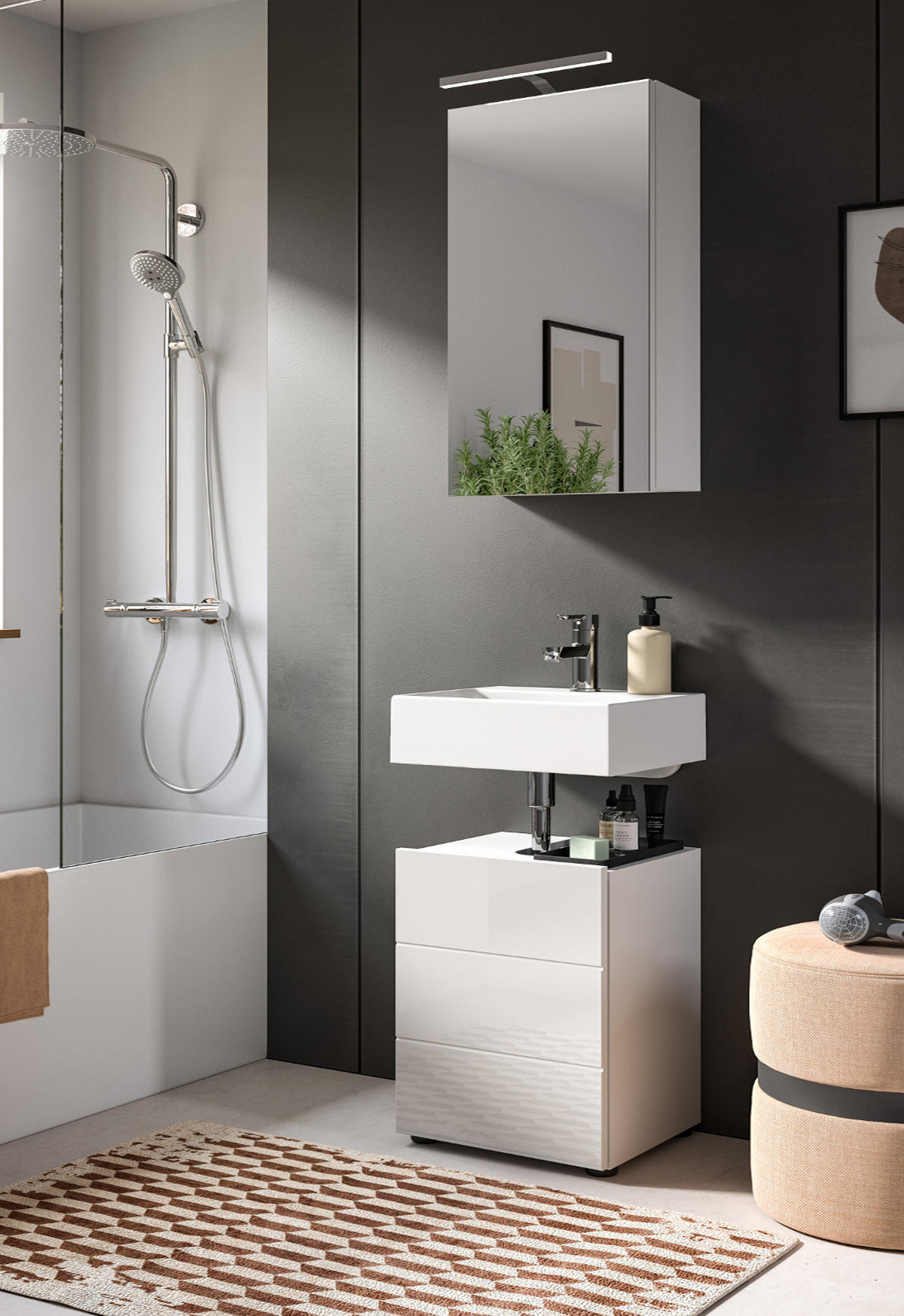 WASCHBECKENUNTERSCHRANK weiß Hochglanz 38 cm, Badezimmer Unterschrank 1-türig - Weiß Hochglanz/Schwarz, Holzwerkstoff/Kunststoff (38/56/34cm) - Inn.Furn