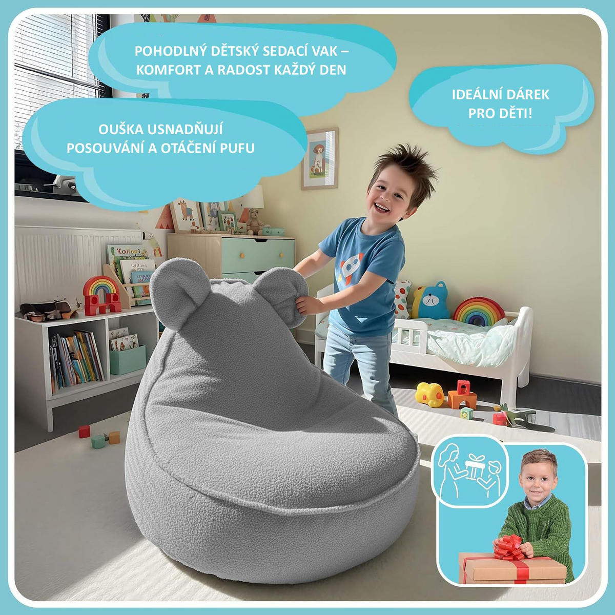 SITZSACK FÜR KINDER Maus 75/75/55 cm, weicher Bouclé 315 g/m², abnehmbarer Bezug, Pearl Grey - Hellgrau, Textil (75/55/75cm) - Dreamroots