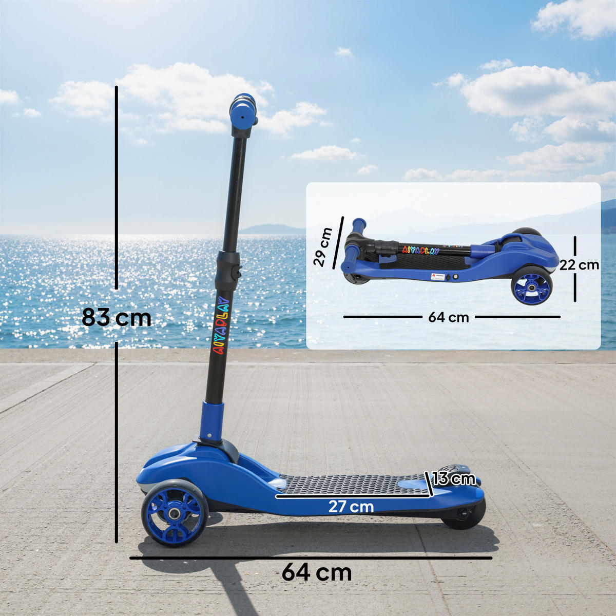 KINDERSCOOTER DE-16991 3 Räder klappbar mit LED Blau - Blau, Metall (64/29/83cm) - ComfortXL