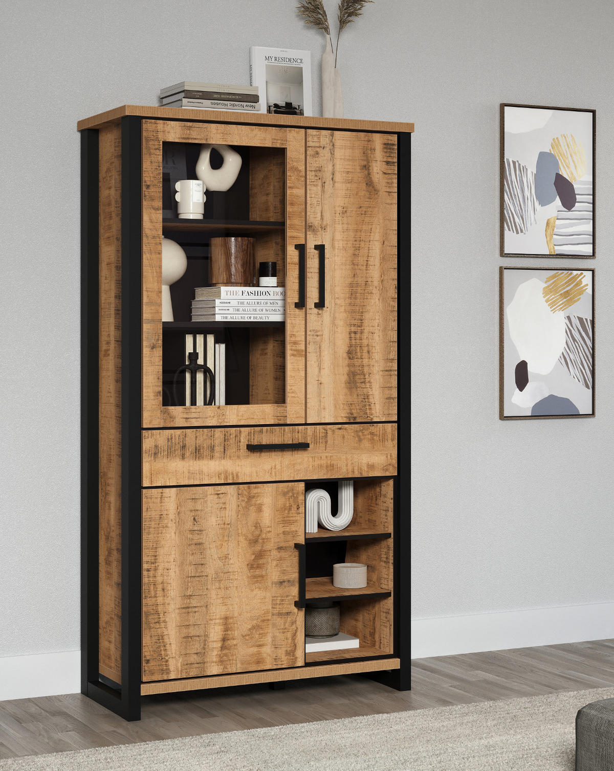 VITRINE Mango, schwarz 106 x 195 cm, Vitrinenschrank für Wohn- und Esszimmer - Schwarz/Naturfarben, Glas/Holzwerkstoff (106/195/45cm) - Top.Furn