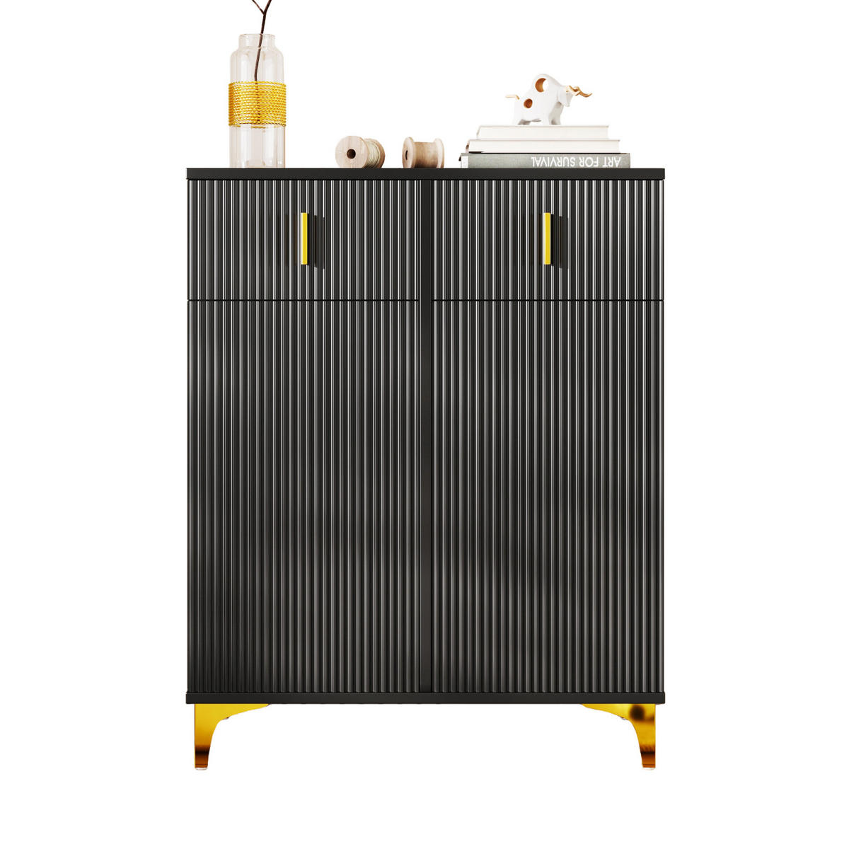 SCHUHSCHRANK Sideboard Schwarz mit Schubladen, Push-to-Open und goldenen Akzenten - Schwarz, Holz (83/101/35cm) - PARAFTA HOME