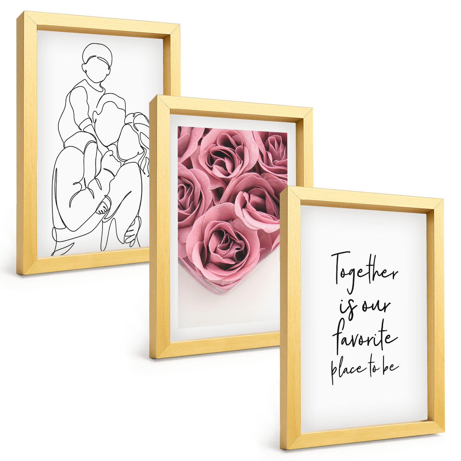 BILDER SET 3er Set - 20x30 cm Goldrahmen - Rosensträuße als Familienzeichnung - Goldfarben, Kunststoff (20/30cm) - TULUP